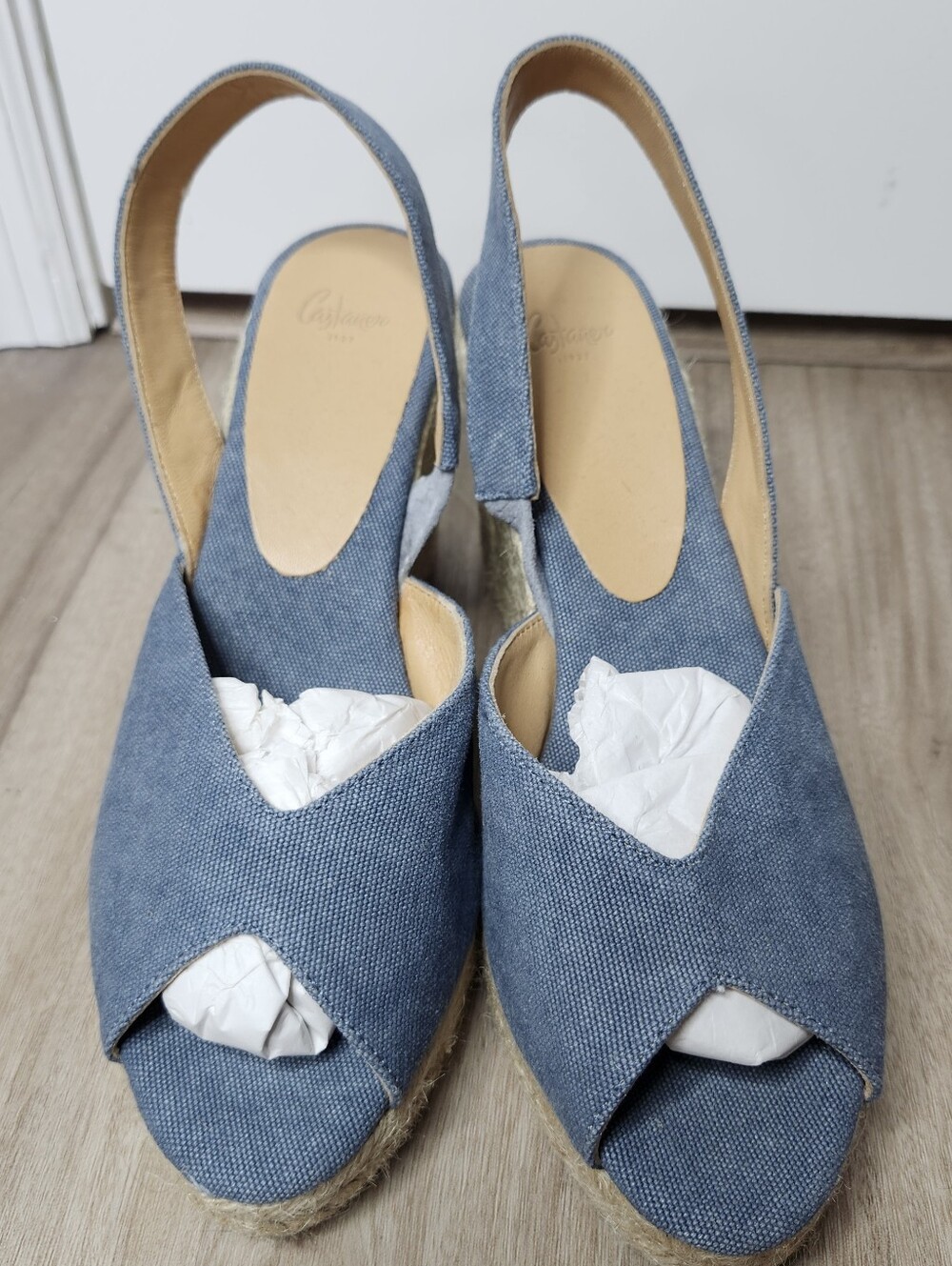 Castaner Espadrille Wedge Sandals Denim Blue Size 40 Peep Toe Slingback